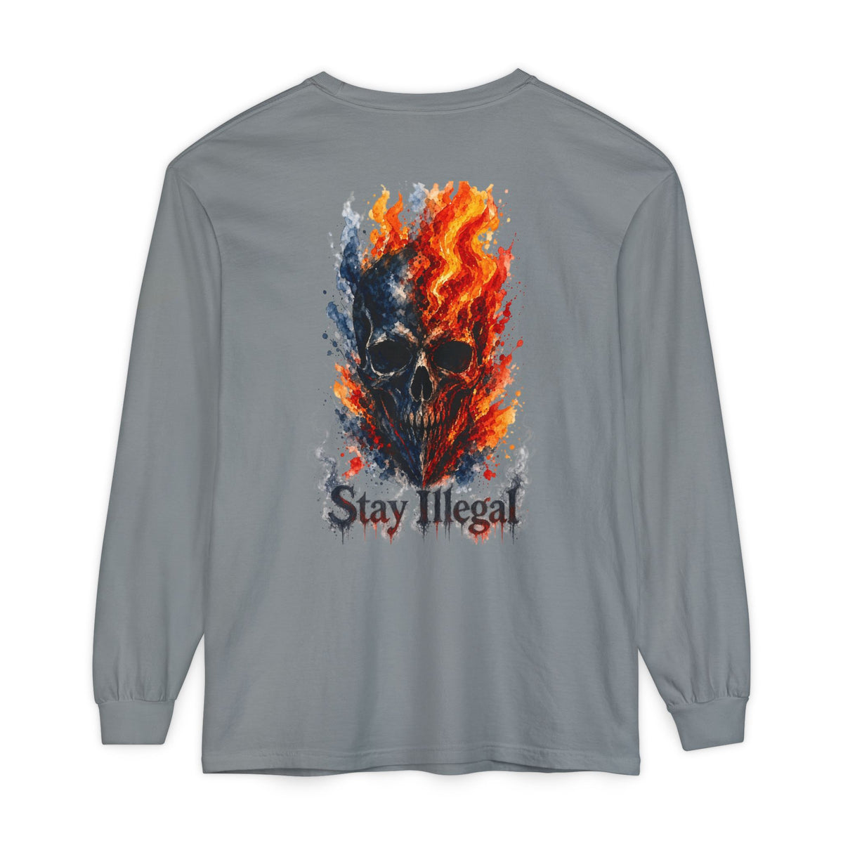 Back Print Long Sleeve T‑Shirt — Stay Illegal Skull/F