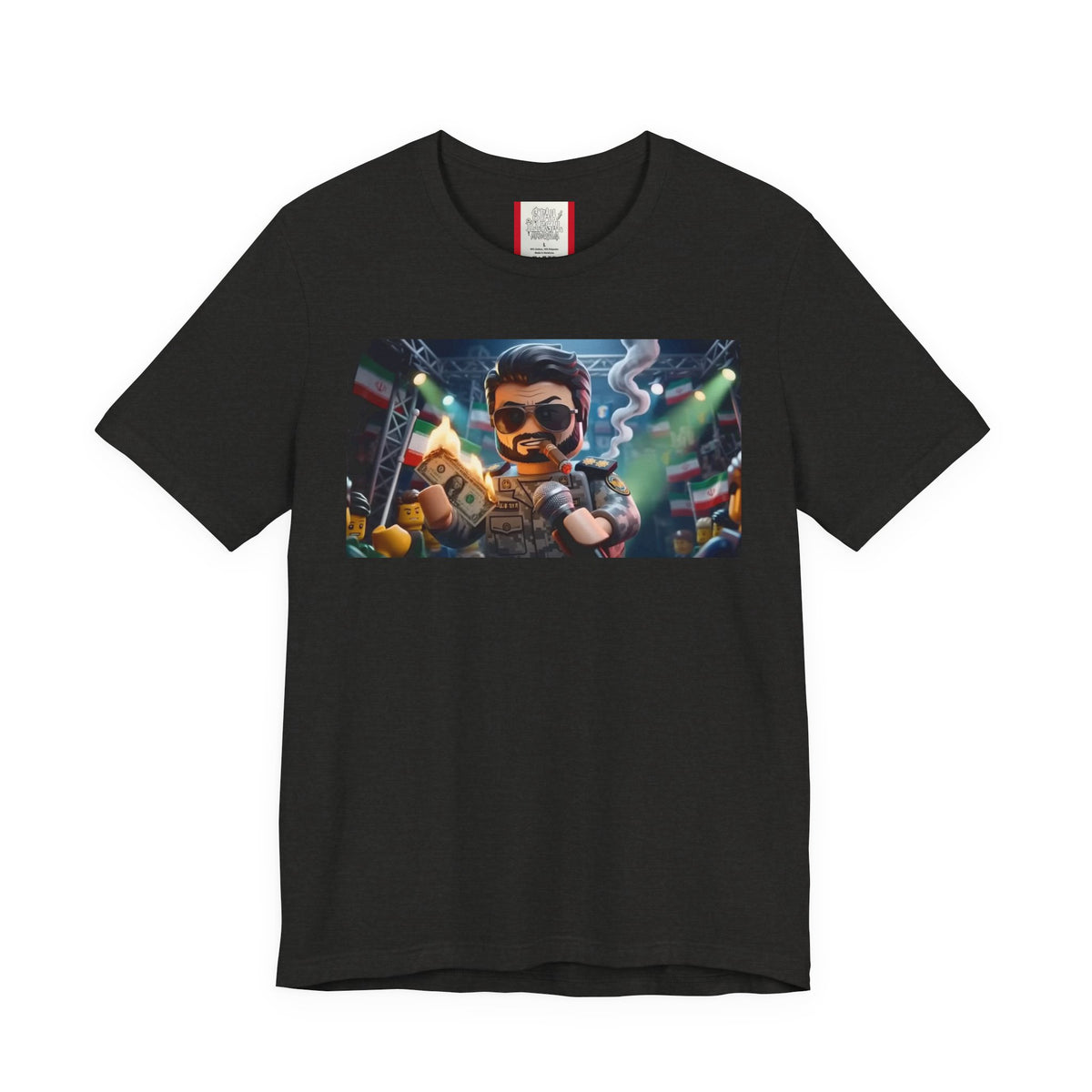 Propaganda T‑Shirt — IRAN LEGOS — IRGC Burn The Dollars