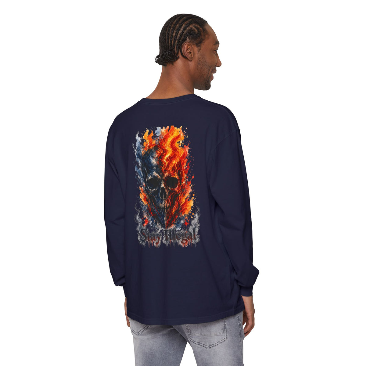 Back Print Long Sleeve T‑Shirt — Stay Illegal Skull/F