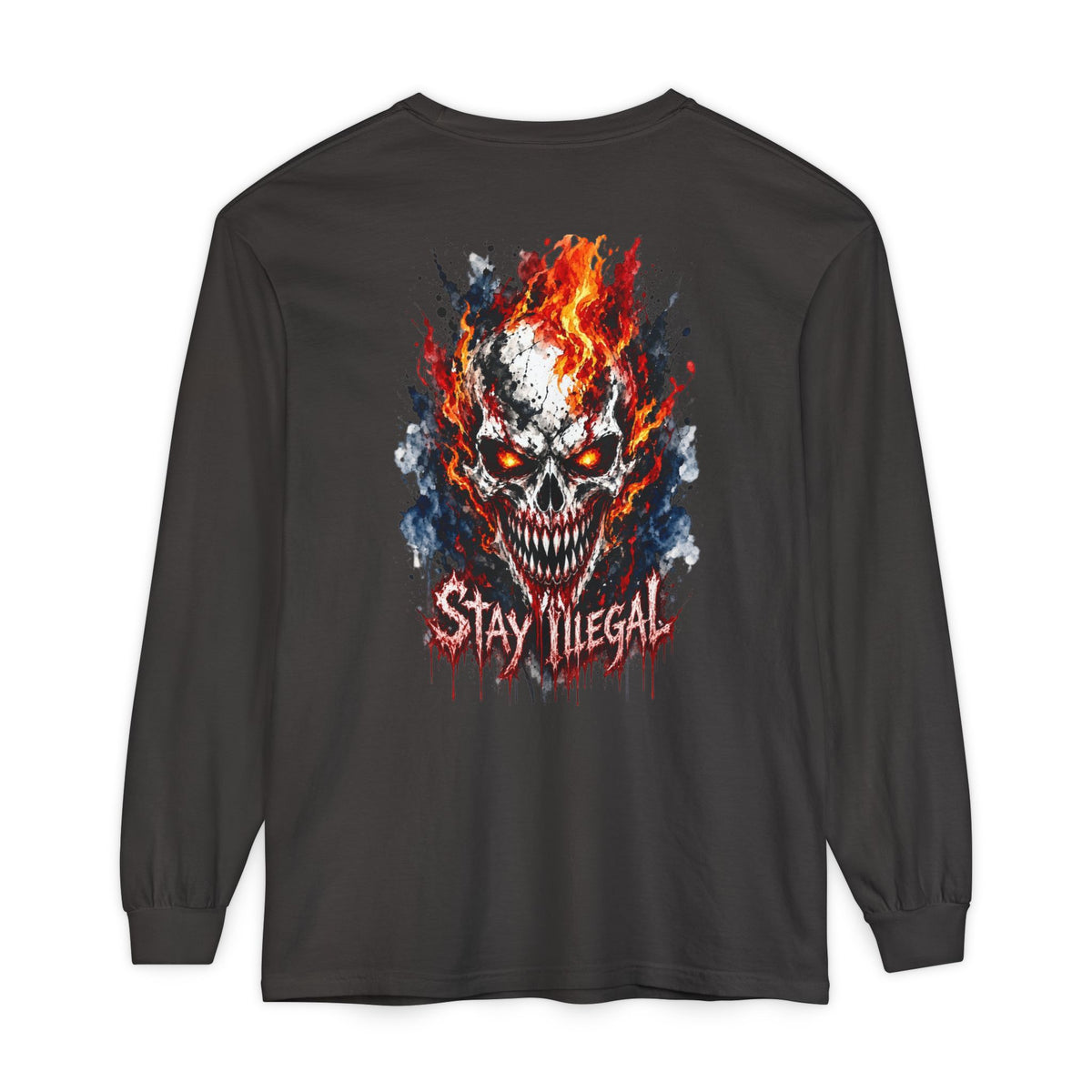 Back Print Long Sleeve T‑Shirt — Stay Illegal Skull/E