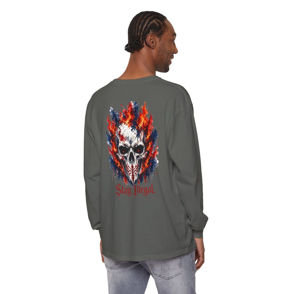 Back Print Long Sleeve T‑Shirt — Stay Illegal Skull/A