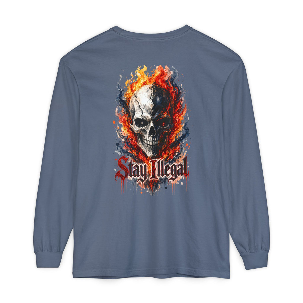 Back Print Long Sleeve T‑Shirt — Stay Illegal Skull/B