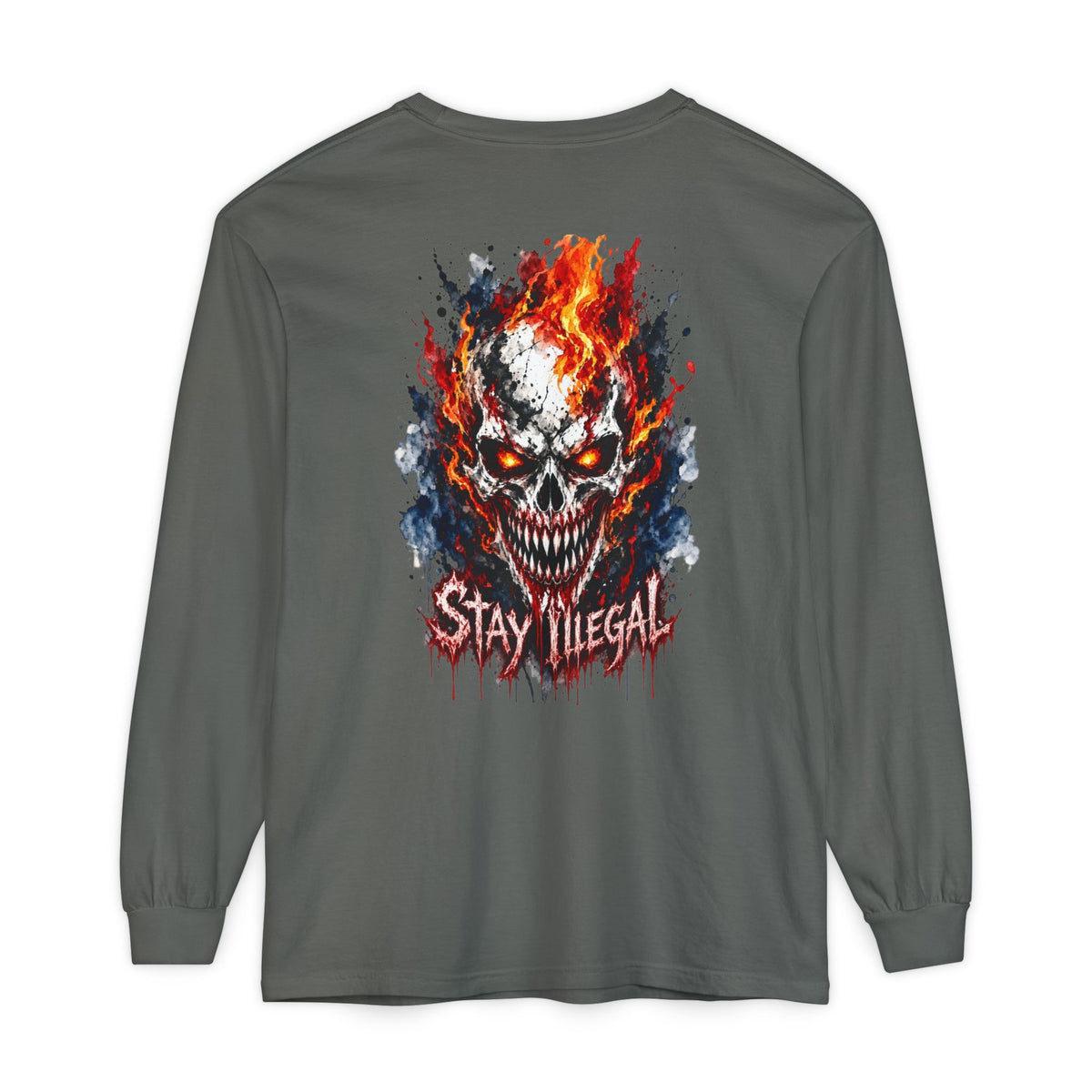 Back Print Long Sleeve T‑Shirt — Stay Illegal Skull/E