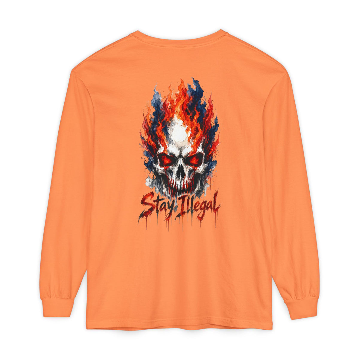 Back Print Long Sleeve T‑Shirt — Stay Illegal Skull/D