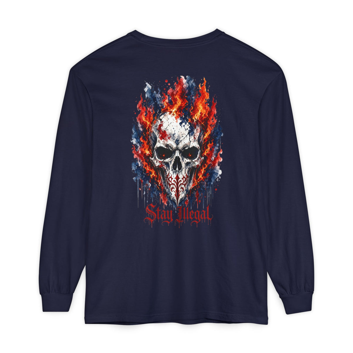 Back Print Long Sleeve T‑Shirt — Stay Illegal Skull/A
