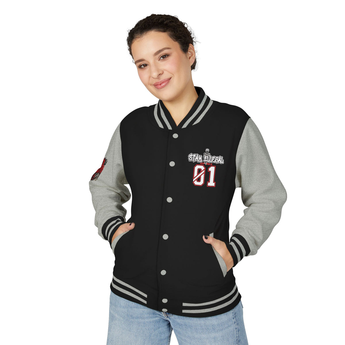 Stay Illegal Varsity Bomber Jacket - Calm Like a Bomb 01 (No To NATO Graphic)