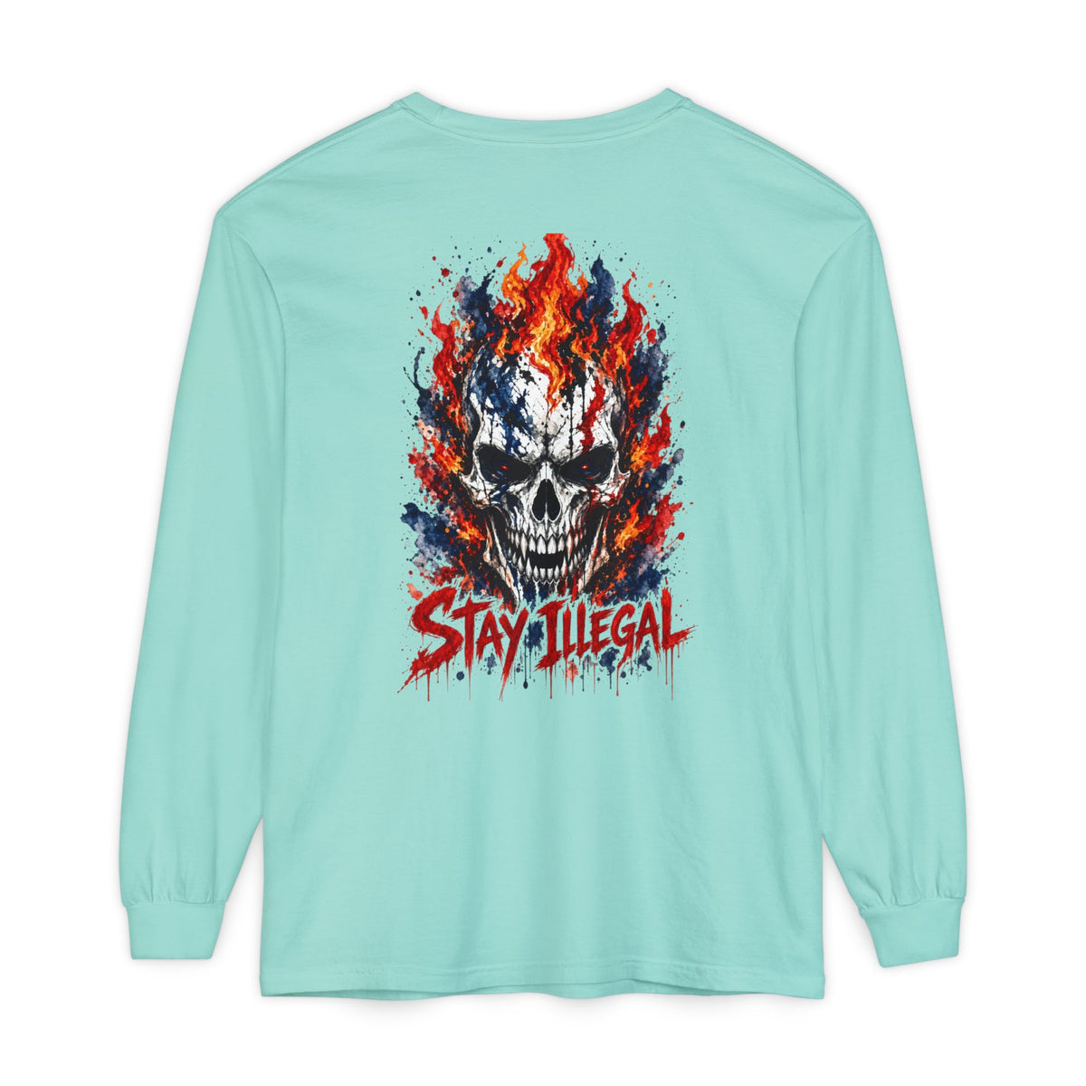Back Print Long Sleeve T‑Shirt — Stay Illegal Skull/C