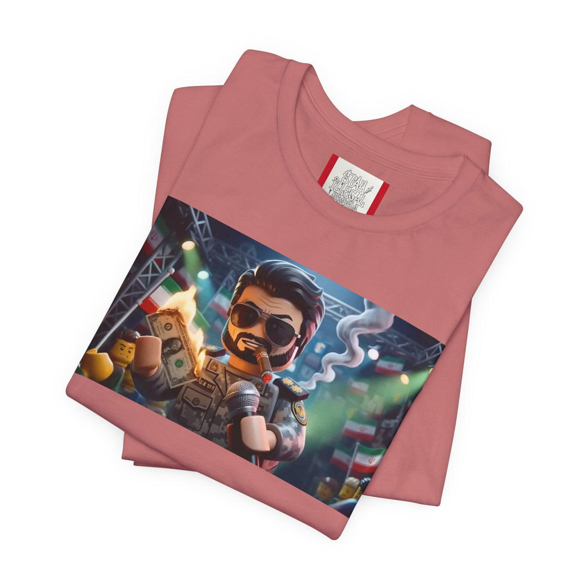 Propaganda T‑Shirt — IRAN LEGOS — IRGC Burn The Dollars