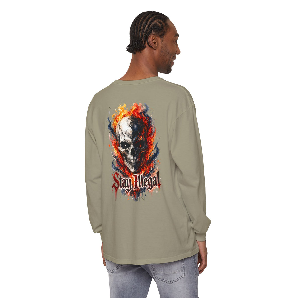 Back Print Long Sleeve T‑Shirt — Stay Illegal Skull/B