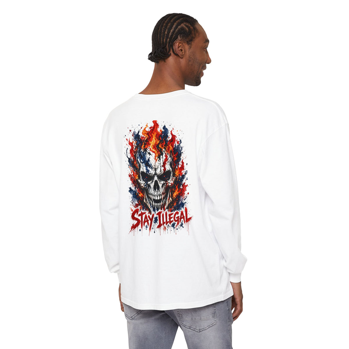 Back Print Long Sleeve T‑Shirt — Stay Illegal Skull/C