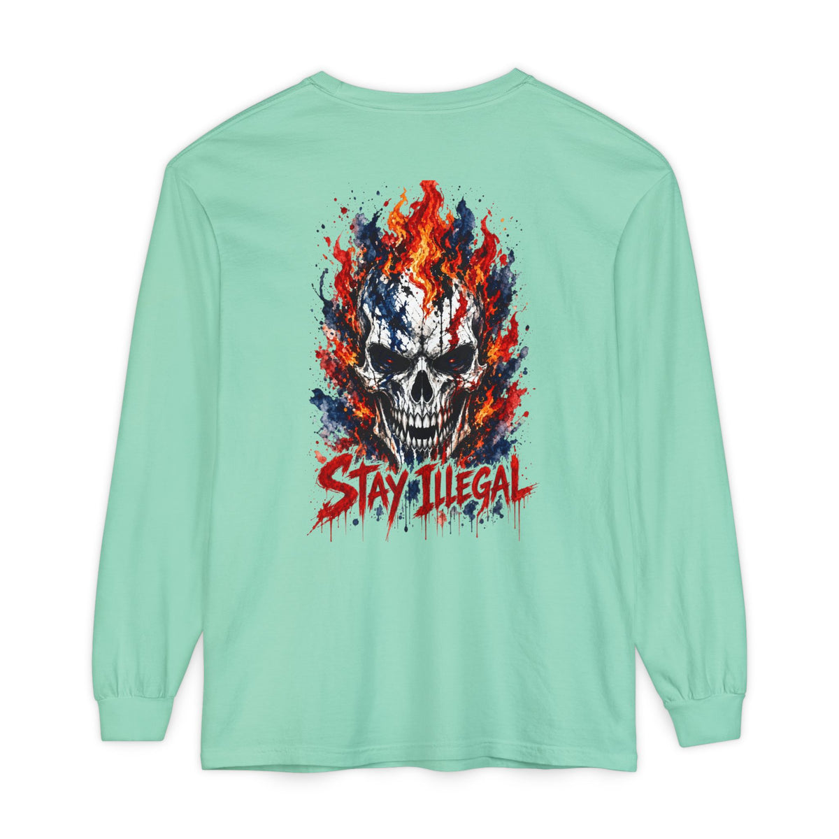 Back Print Long Sleeve T‑Shirt — Stay Illegal Skull/C