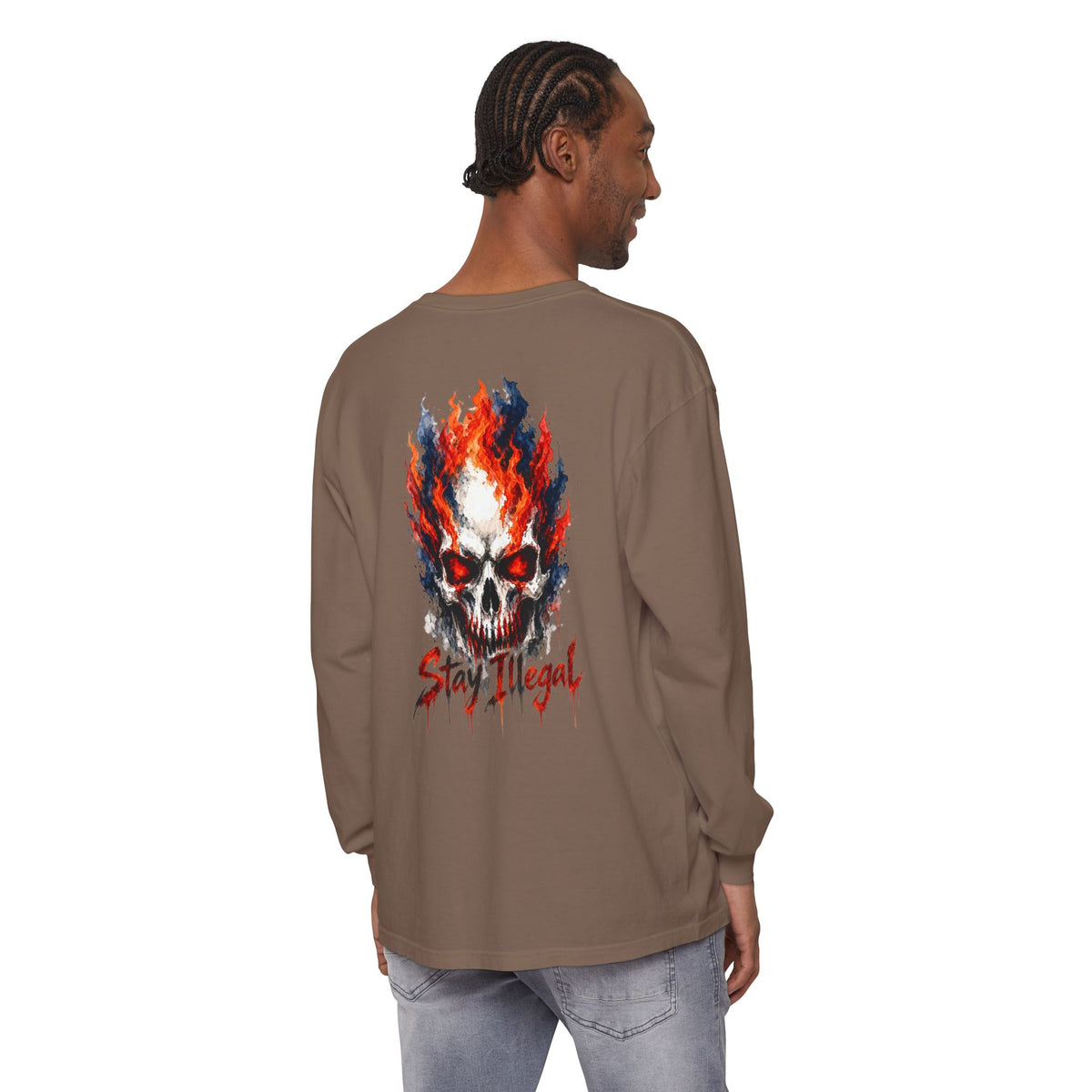 Back Print Long Sleeve T‑Shirt — Stay Illegal Skull/D