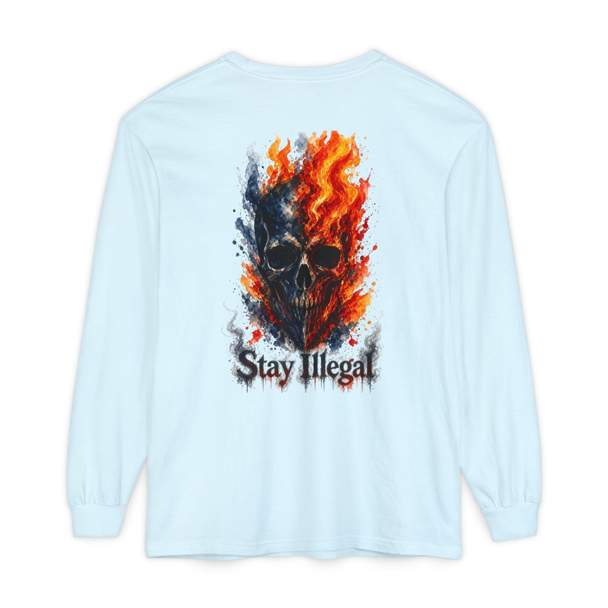 Back Print Long Sleeve T‑Shirt — Stay Illegal Skull/F