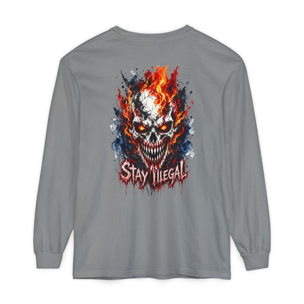Back Print Long Sleeve T‑Shirt — Stay Illegal Skull/E