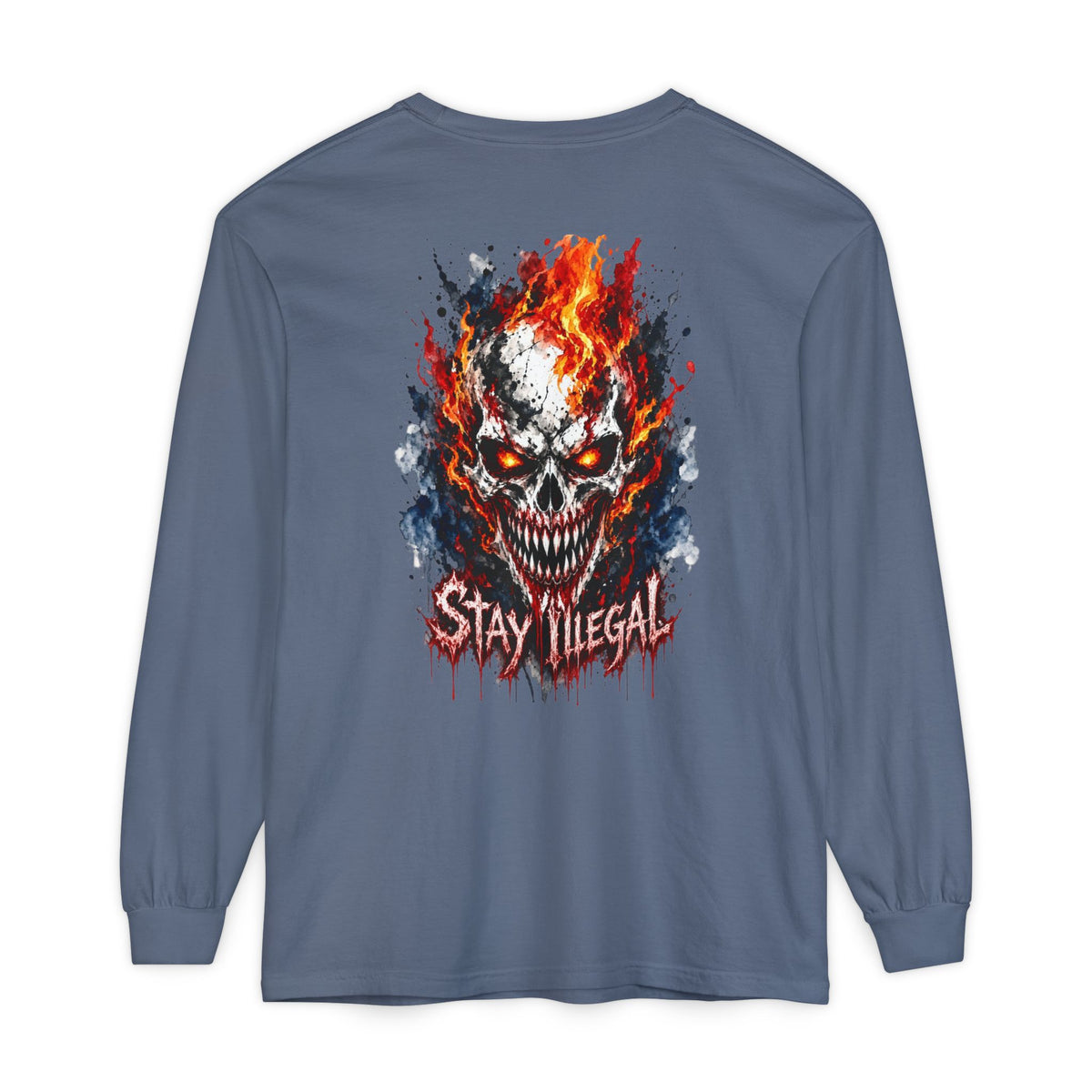 Back Print Long Sleeve T‑Shirt — Stay Illegal Skull/E