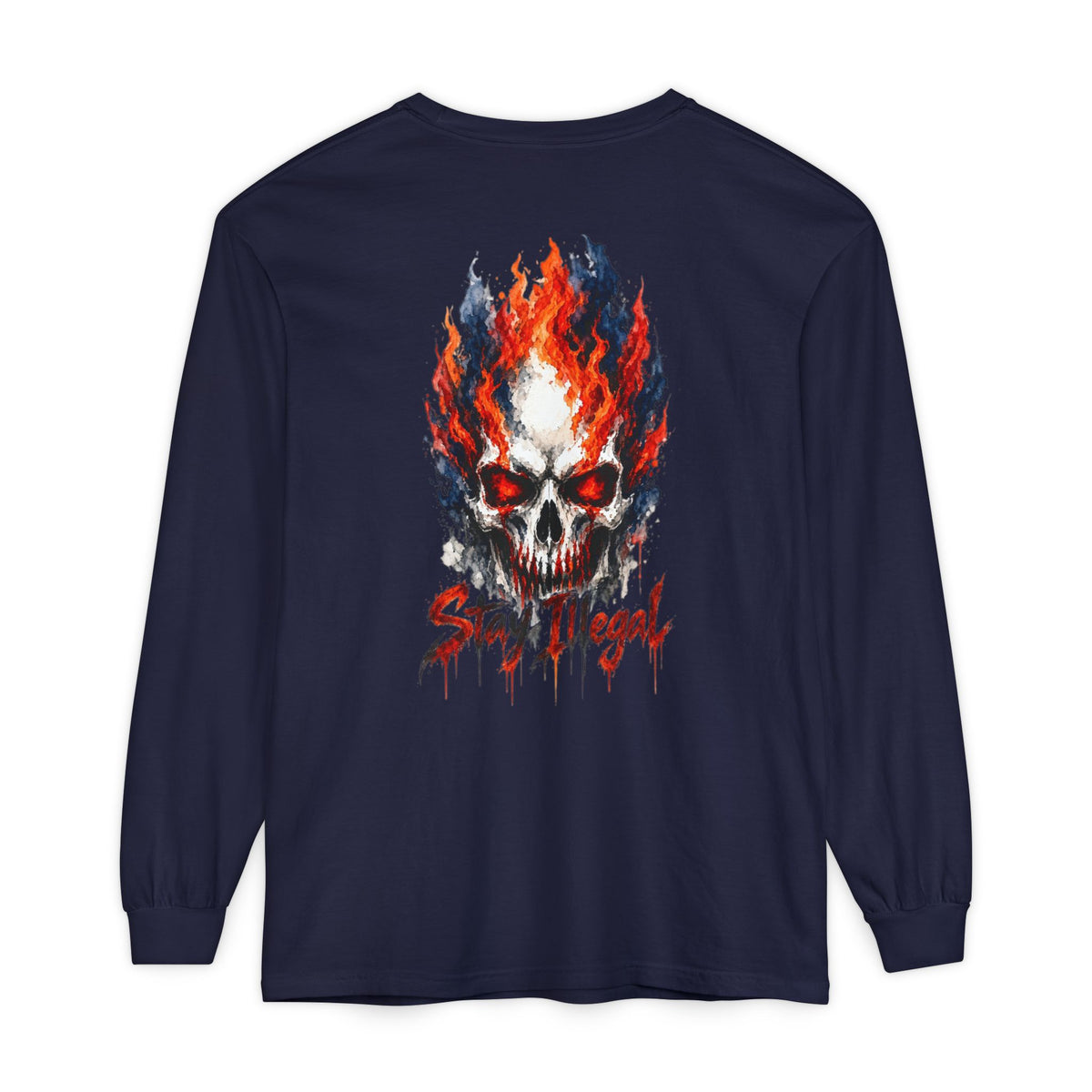 Back Print Long Sleeve T‑Shirt — Stay Illegal Skull/D