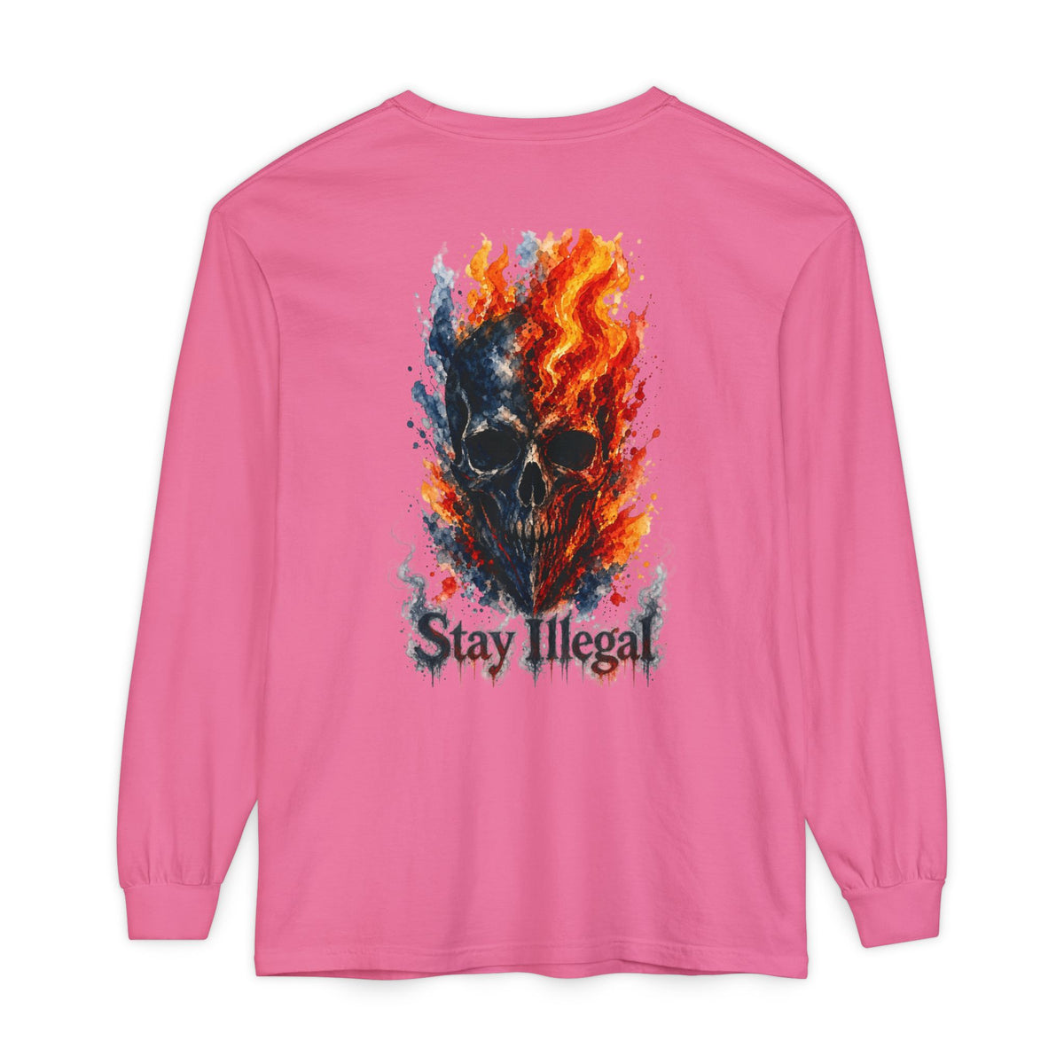 Back Print Long Sleeve T‑Shirt — Stay Illegal Skull/F