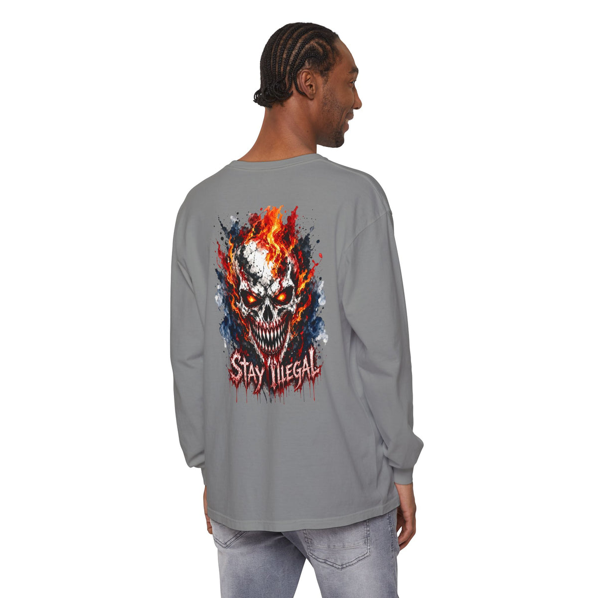Back Print Long Sleeve T‑Shirt — Stay Illegal Skull/E