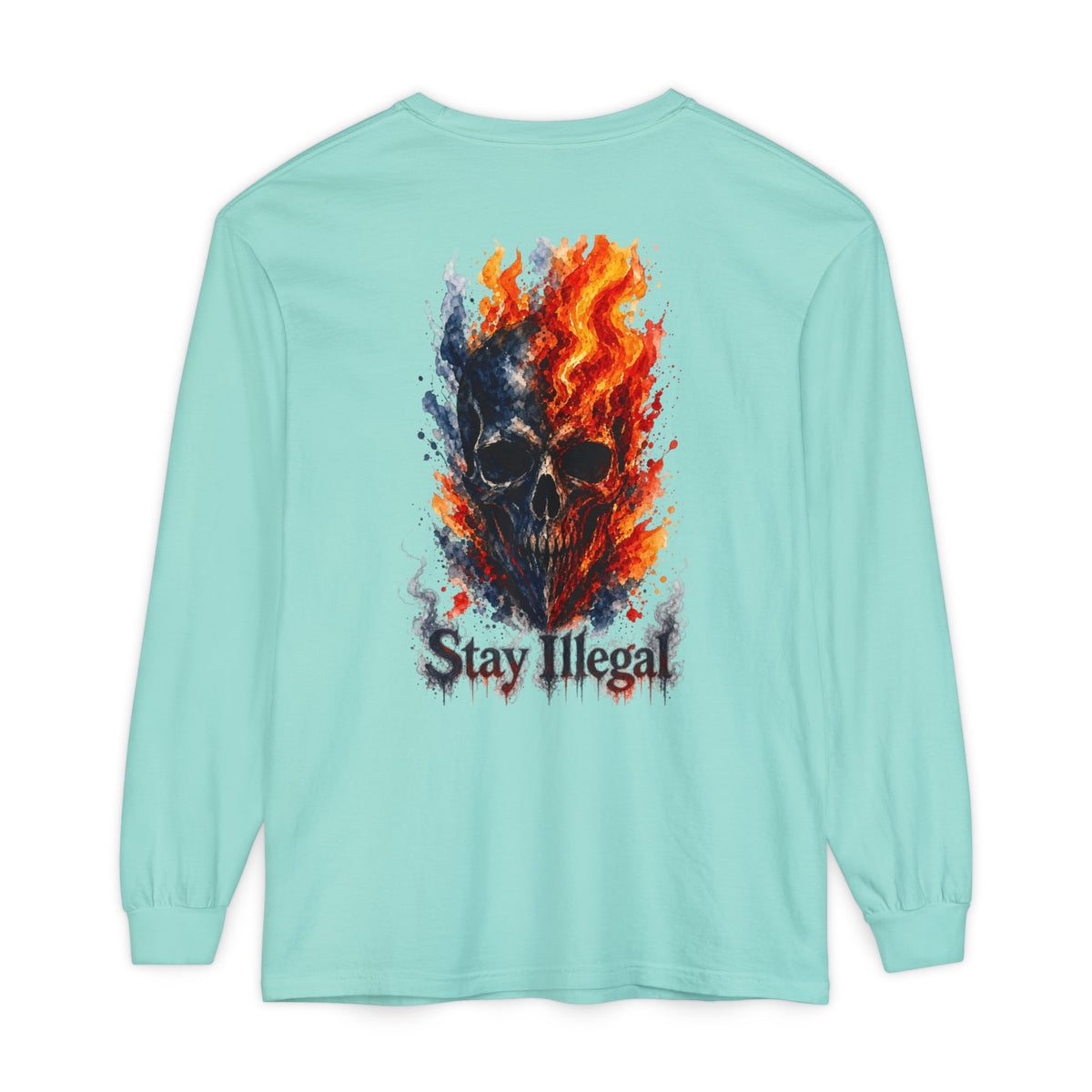 Back Print Long Sleeve T‑Shirt — Stay Illegal Skull/F