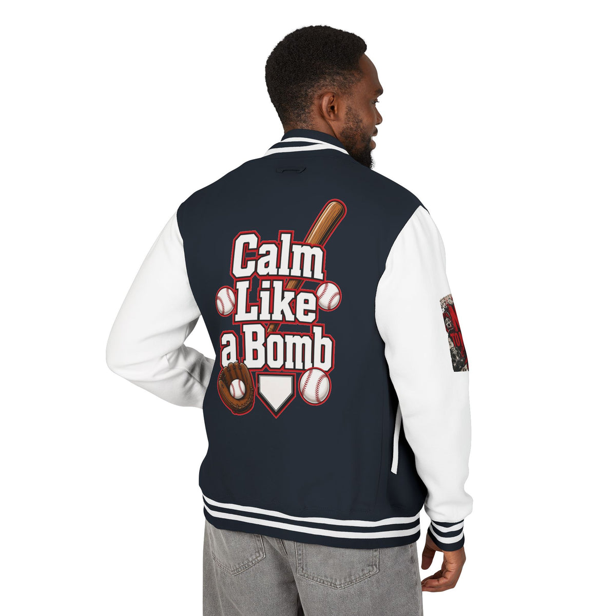 Stay Illegal Varsity Bomber Jacket - Calm Like a Bomb 01 (No To NATO Graphic)