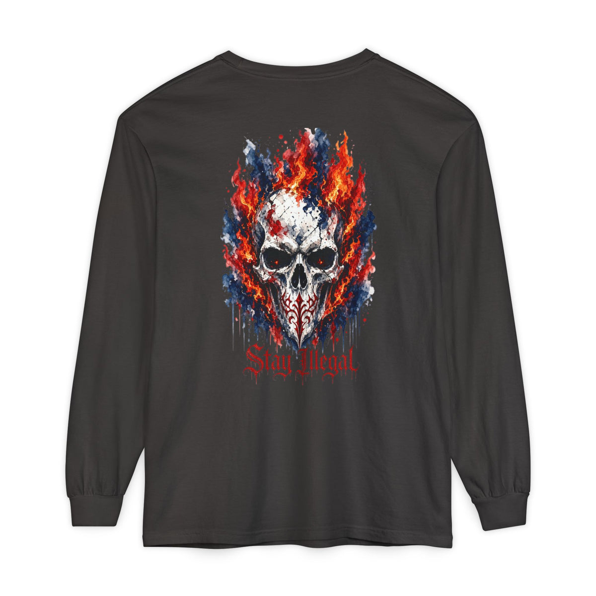 Back Print Long Sleeve T‑Shirt — Stay Illegal Skull/A