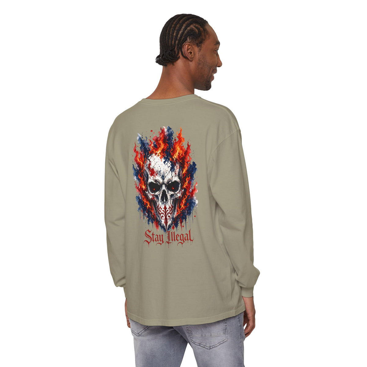 Back Print Long Sleeve T‑Shirt — Stay Illegal Skull/A