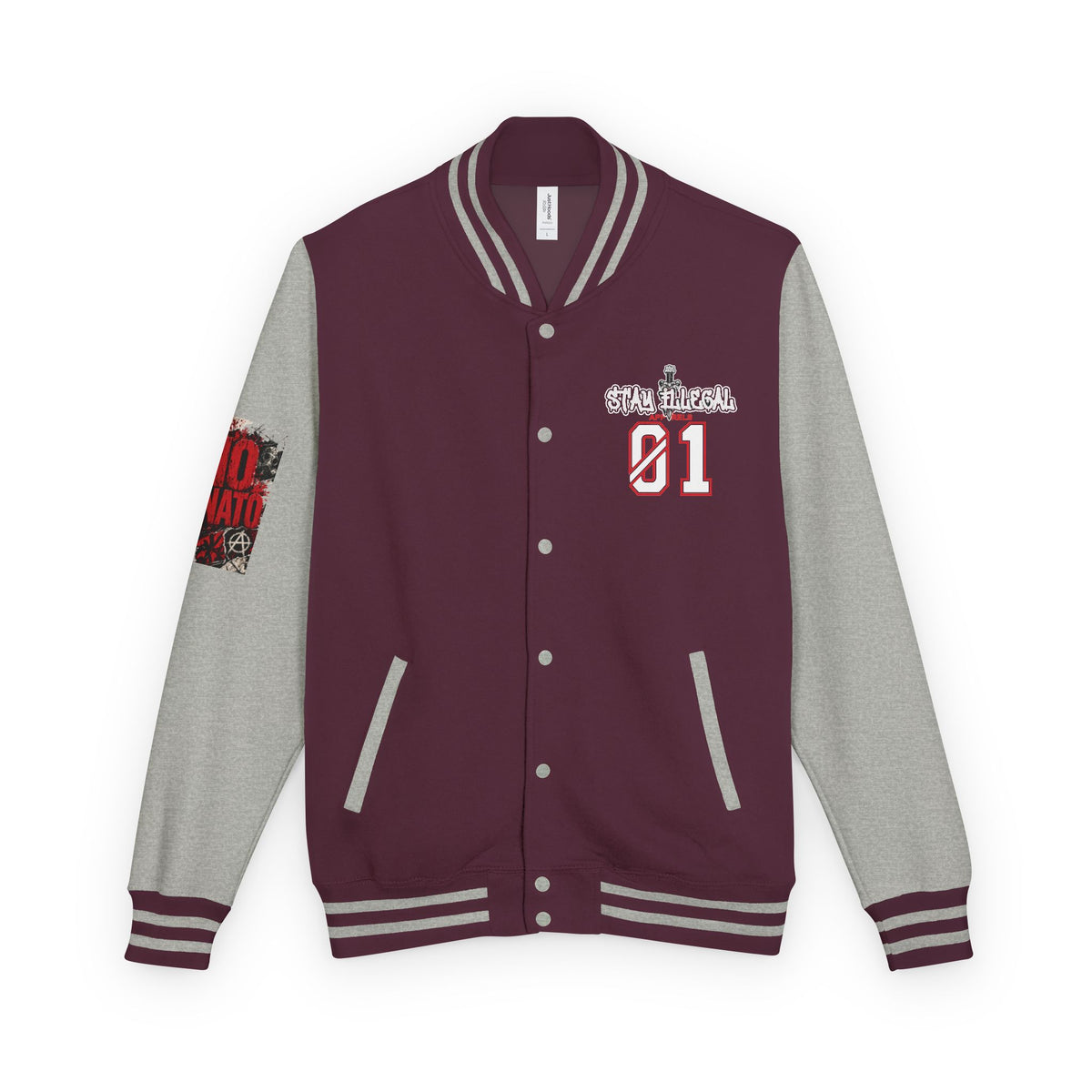 Stay Illegal Varsity Bomber Jacket - Calm Like a Bomb 01 (No To NATO Graphic)