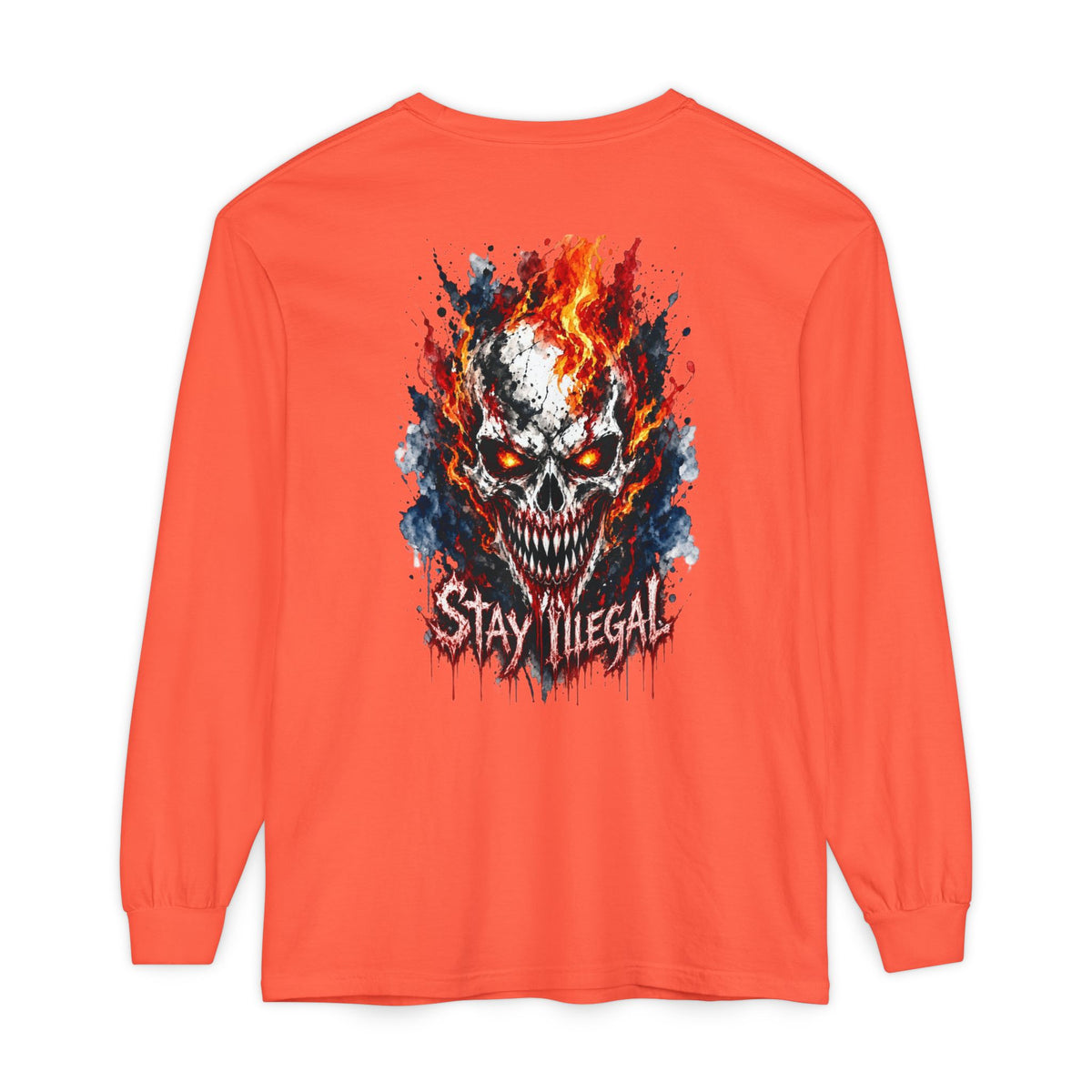 Back Print Long Sleeve T‑Shirt — Stay Illegal Skull/E