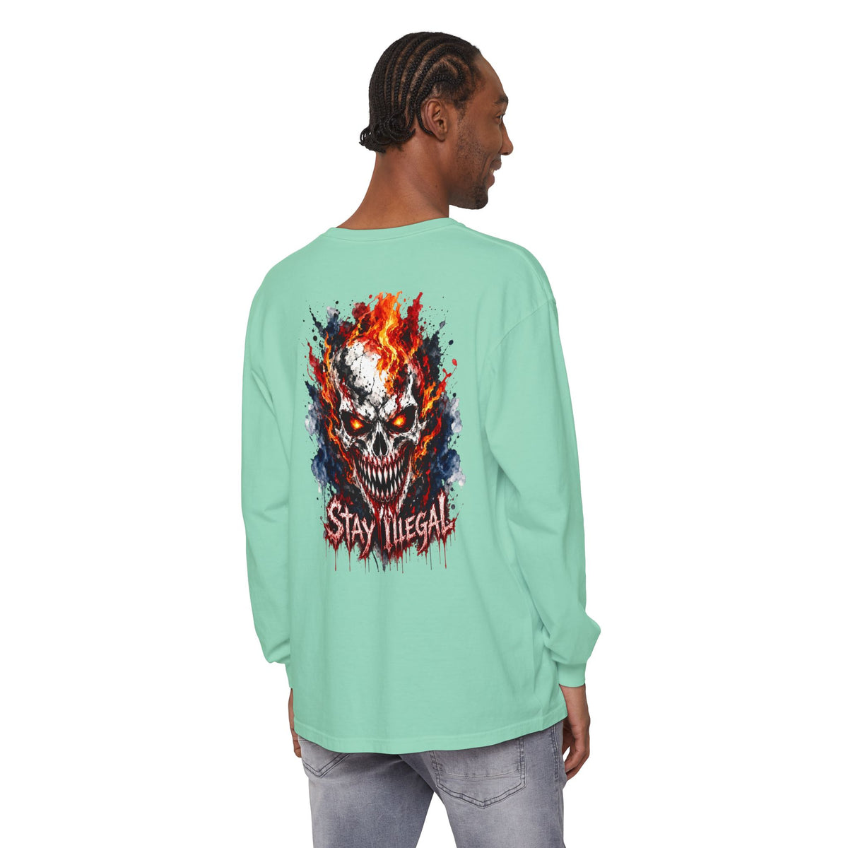 Back Print Long Sleeve T‑Shirt — Stay Illegal Skull/E