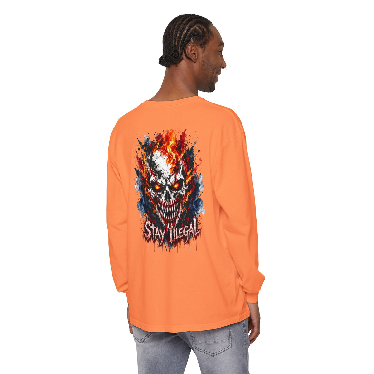 Back Print Long Sleeve T‑Shirt — Stay Illegal Skull/E