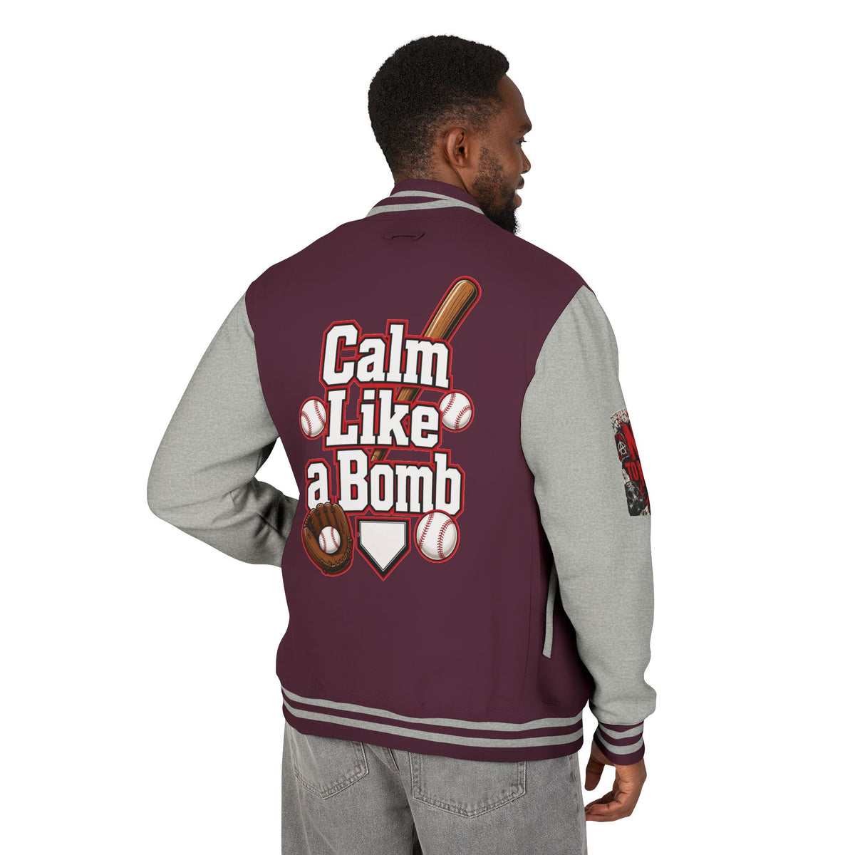 Stay Illegal Varsity Bomber Jacket - Calm Like a Bomb 01 (No To NATO Graphic)
