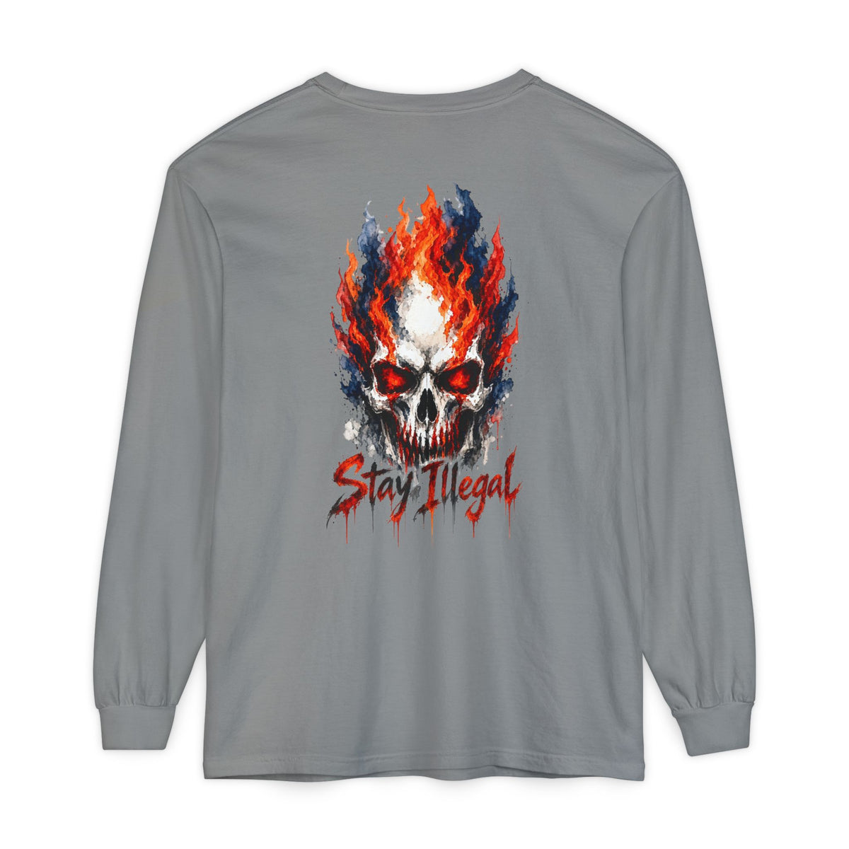 Back Print Long Sleeve T‑Shirt — Stay Illegal Skull/D