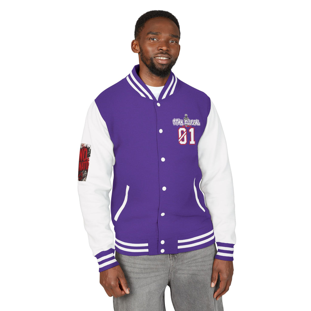 Stay Illegal Varsity Bomber Jacket - Calm Like a Bomb 01 (No To NATO Graphic)