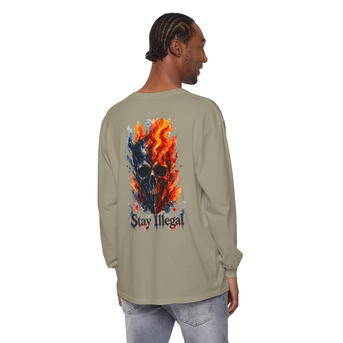 Back Print Long Sleeve T‑Shirt — Stay Illegal Skull/F