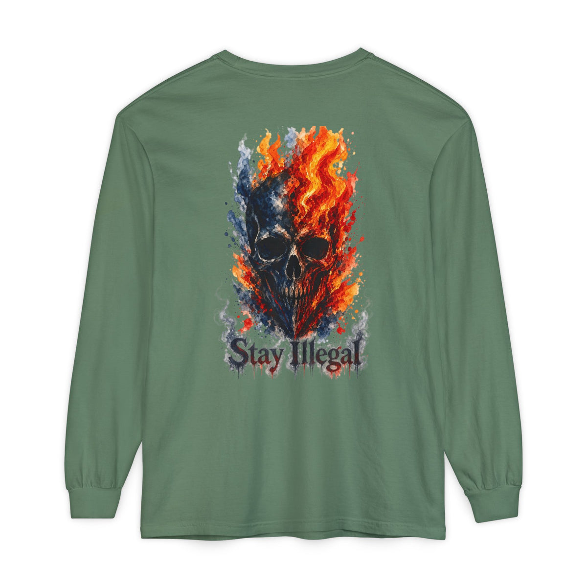Back Print Long Sleeve T‑Shirt — Stay Illegal Skull/F
