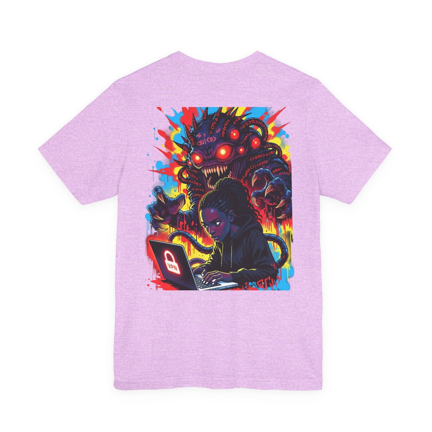 Back Print T‑Shirt — HACKER GIRL/NEON GLITCH VPN