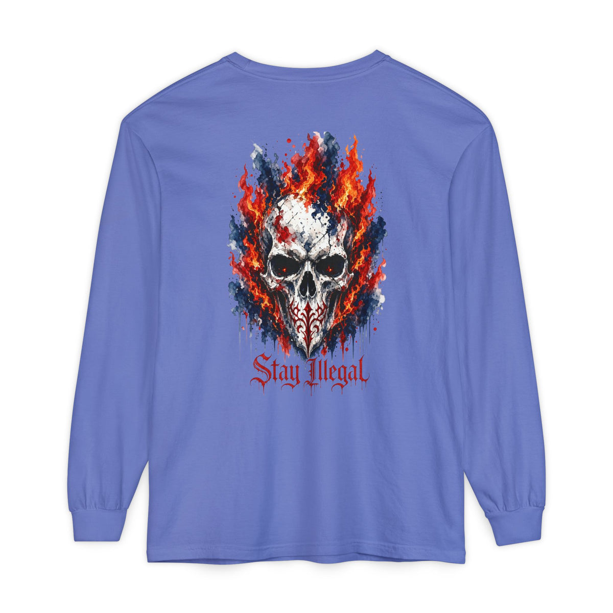 Back Print Long Sleeve T‑Shirt — Stay Illegal Skull/A