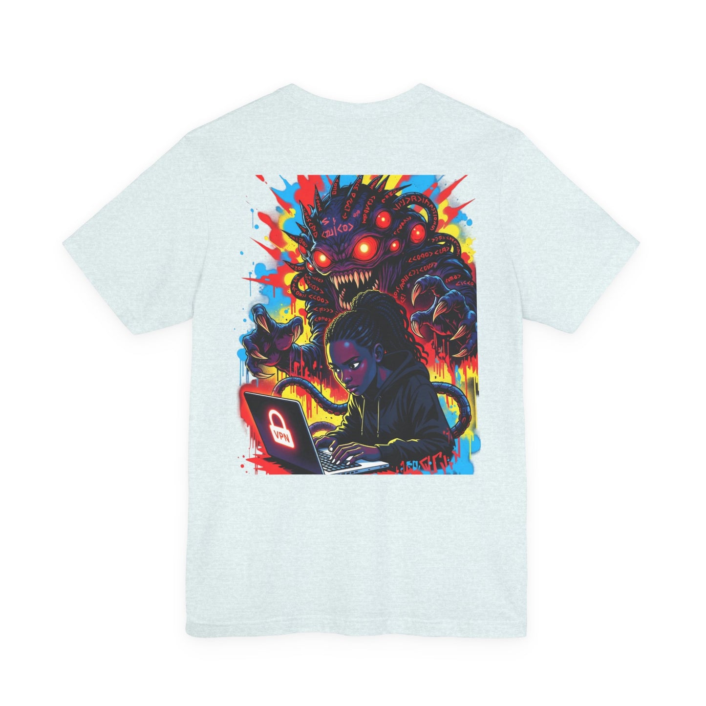 Back Print T‑Shirt — HACKER GIRL/NEON GLITCH VPN