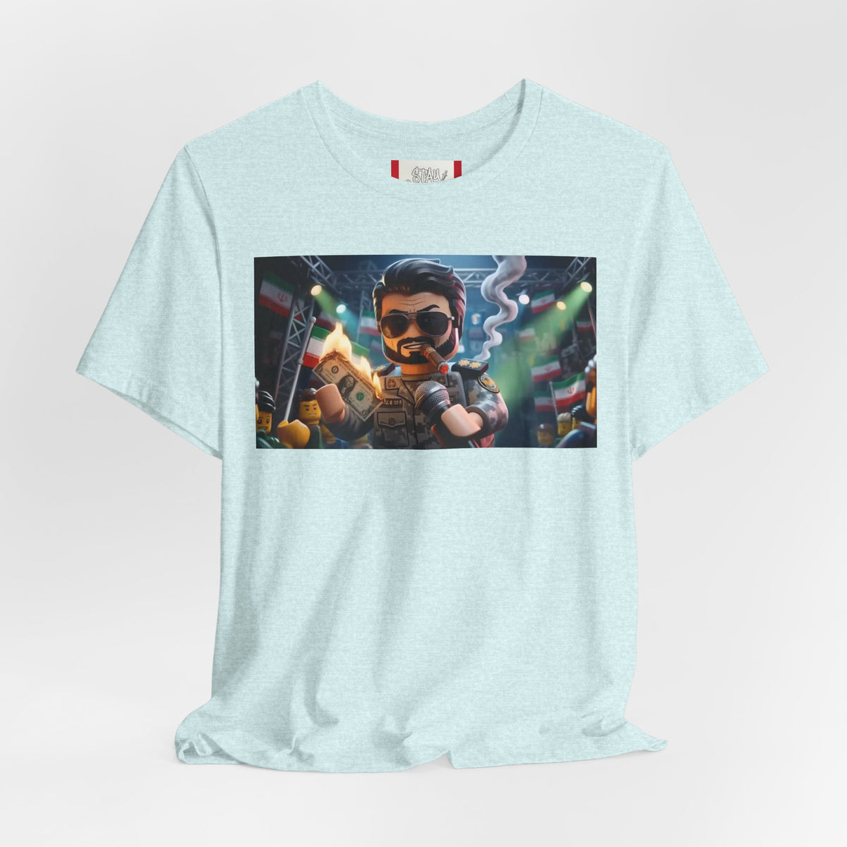 Propaganda T‑Shirt — IRAN LEGOS — IRGC Burn The Dollars