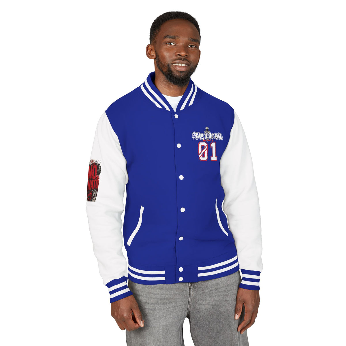 Stay Illegal Varsity Bomber Jacket - Calm Like a Bomb 01 (No To NATO Graphic)