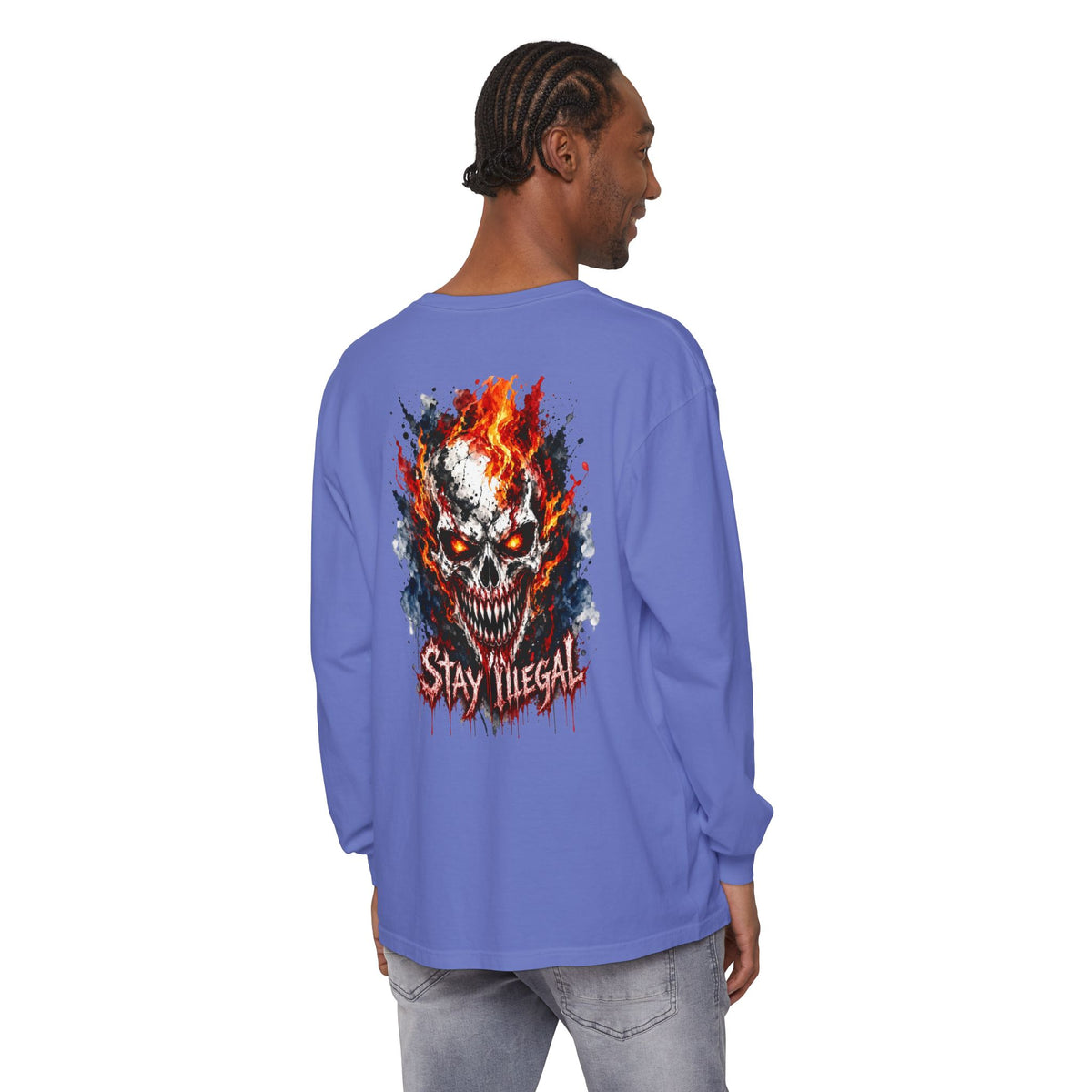 Back Print Long Sleeve T‑Shirt — Stay Illegal Skull/E