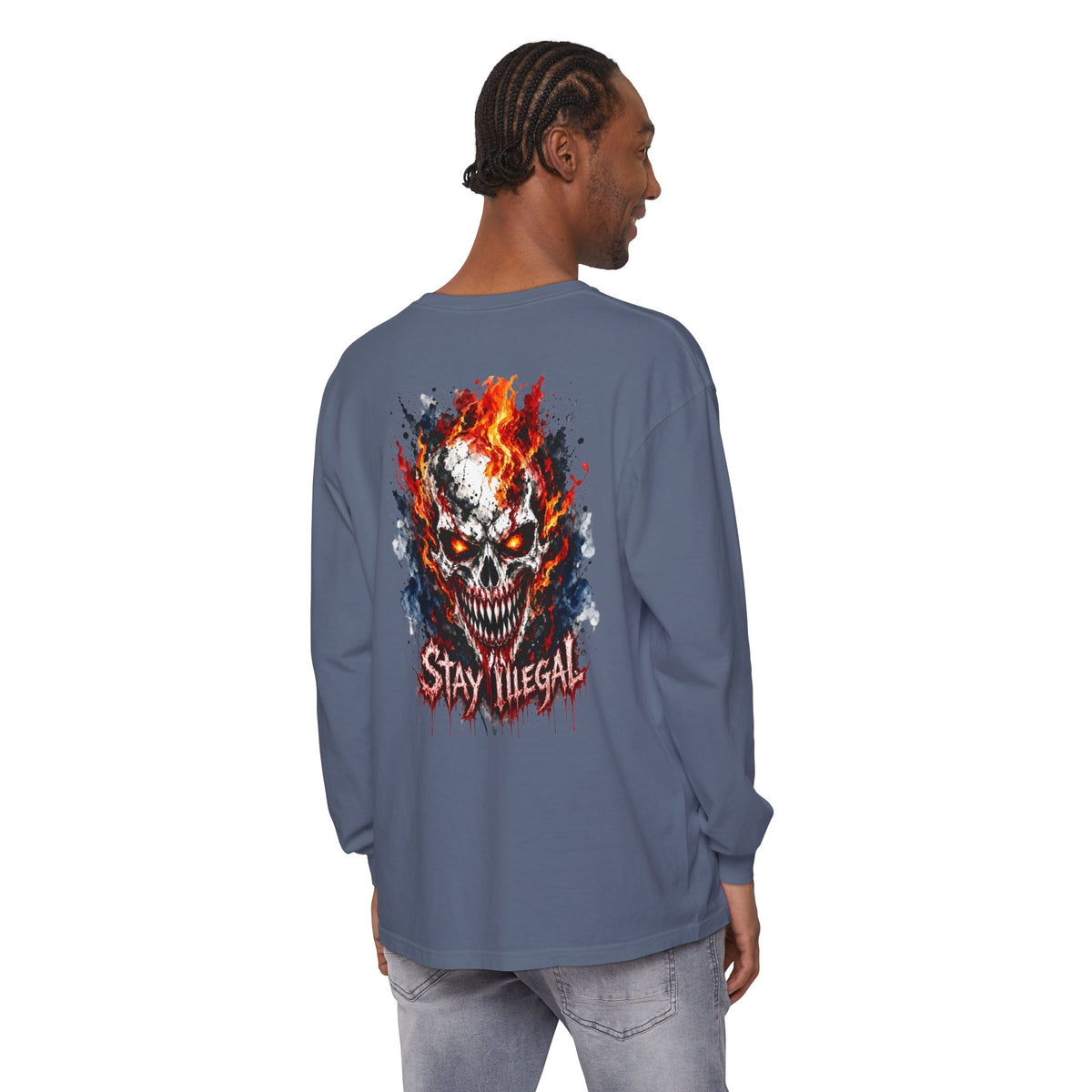 Back Print Long Sleeve T‑Shirt — Stay Illegal Skull/E