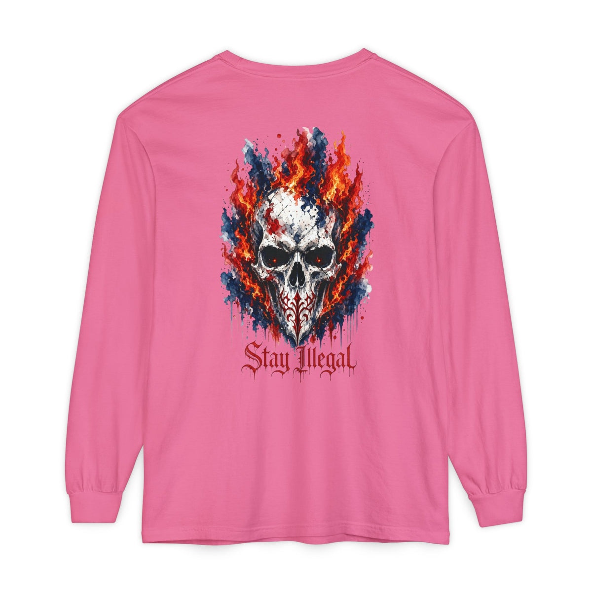 Back Print Long Sleeve T‑Shirt — Stay Illegal Skull/A