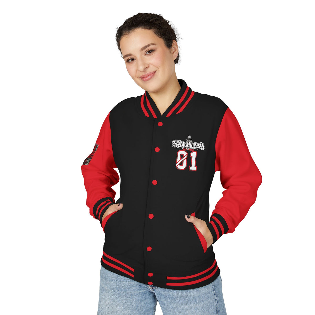Stay Illegal Varsity Bomber Jacket - Calm Like a Bomb 01 (No To NATO Graphic)