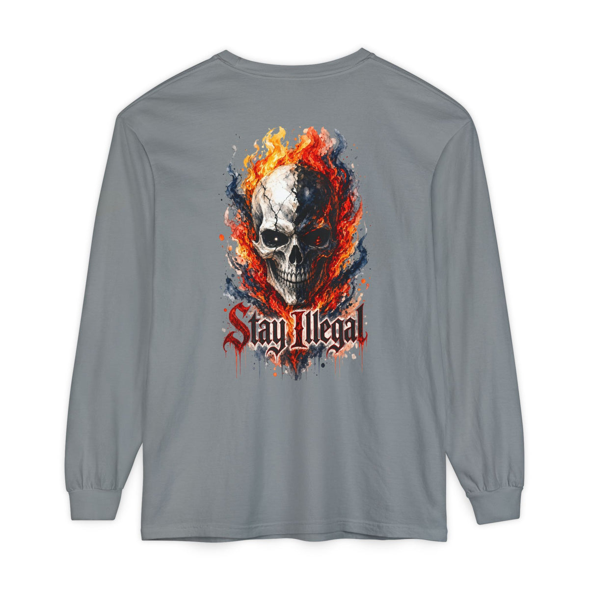 Back Print Long Sleeve T‑Shirt — Stay Illegal Skull/B