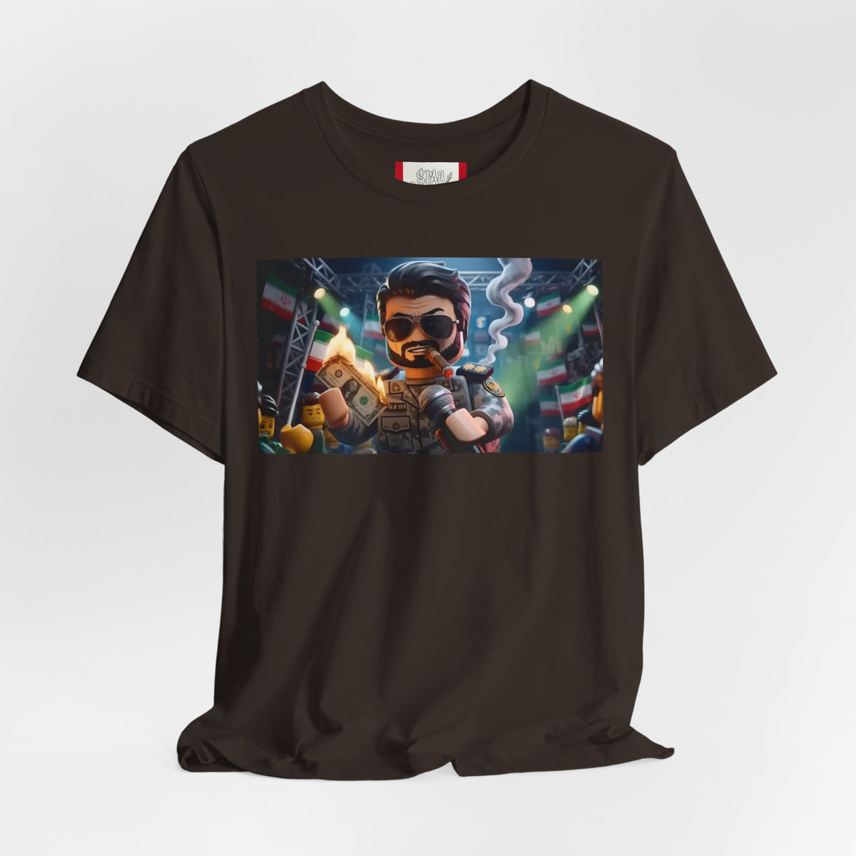 Propaganda T‑Shirt — IRAN LEGOS — IRGC Burn The Dollars