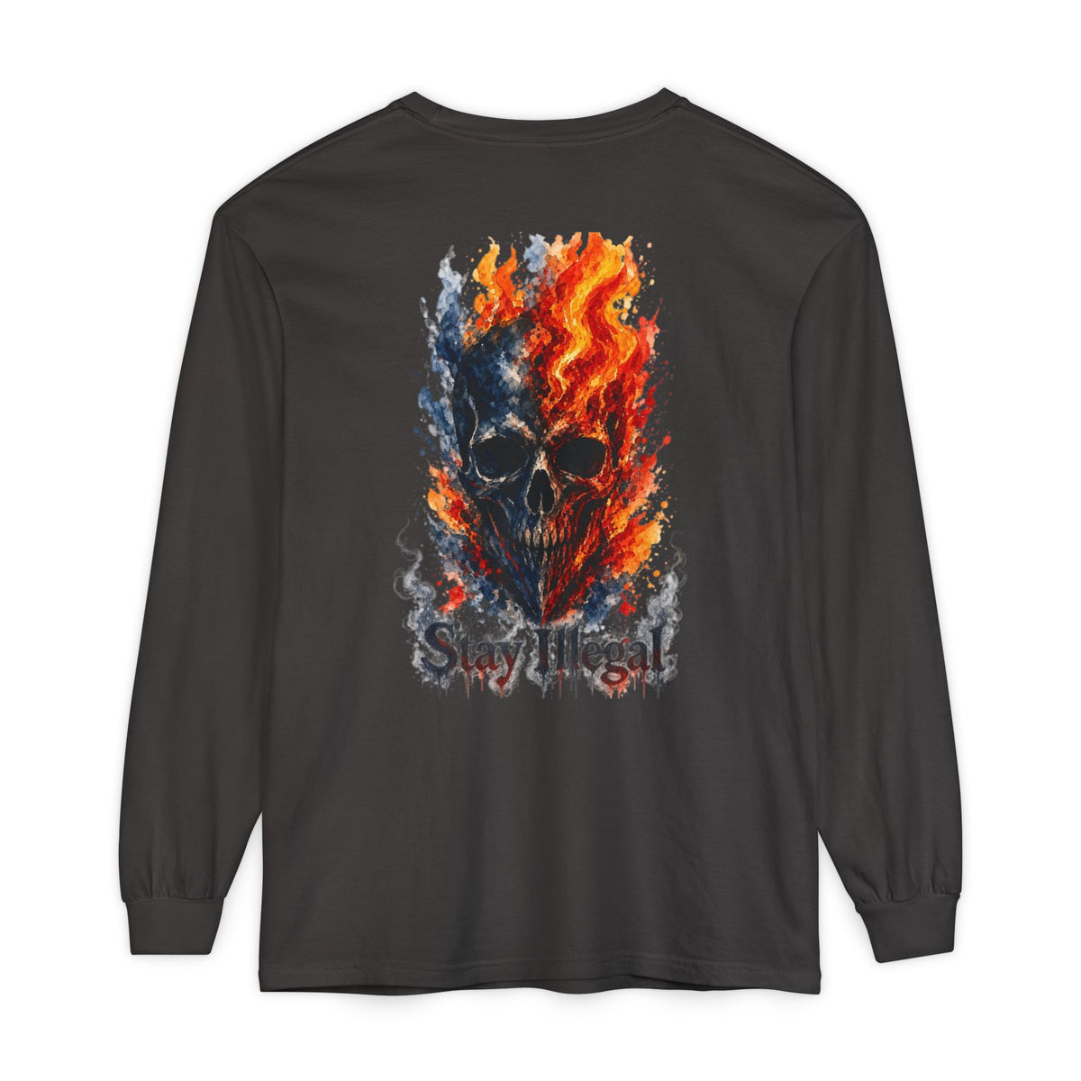 Back Print Long Sleeve T‑Shirt — Stay Illegal Skull/F