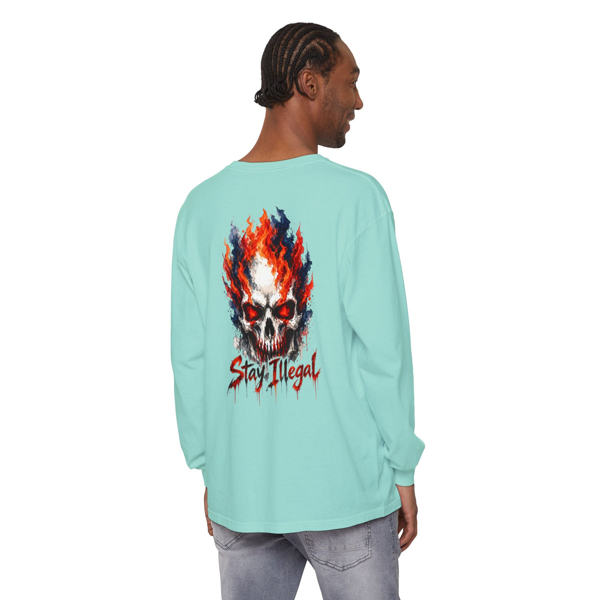 Back Print Long Sleeve T‑Shirt — Stay Illegal Skull/D