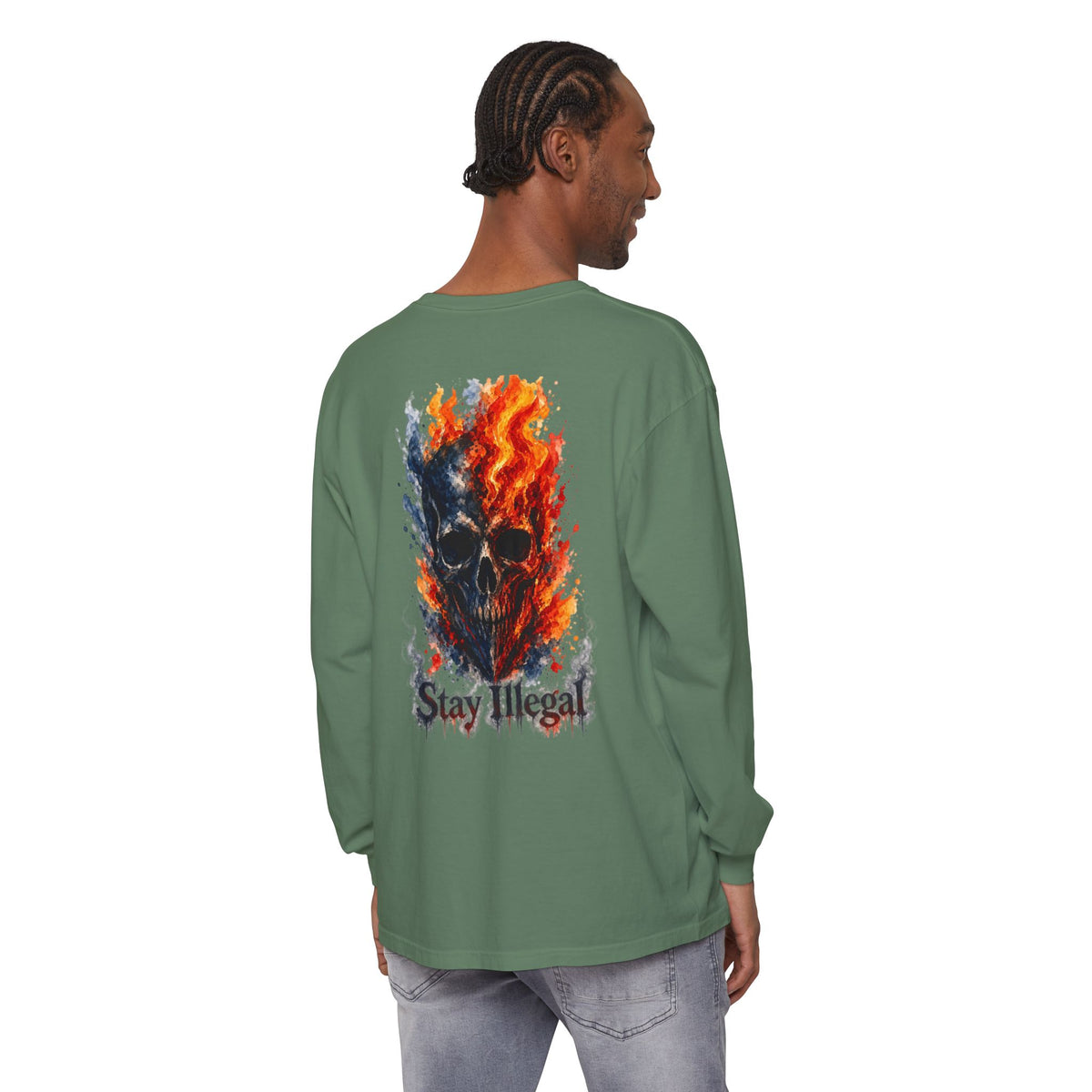 Back Print Long Sleeve T‑Shirt — Stay Illegal Skull/F