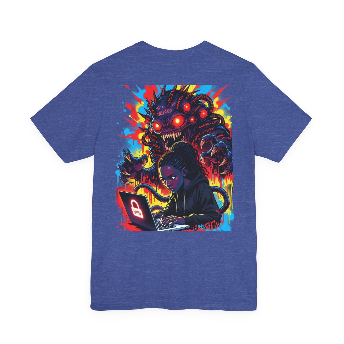 Back Print T‑Shirt — HACKER GIRL/NEON GLITCH VPN